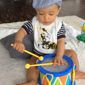 Colin with his new drum and his Laibach bip