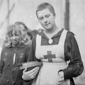 Red Cross nurse in the Baltic shaved her head as protection against typhus, 1920.